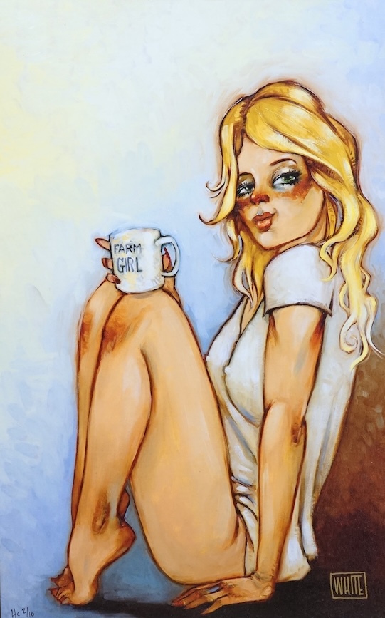 Todd White (b.1969), contemporary embellished canvas on board, ‘Farm girl’ limited edition of 100, COA verso, 62 x 40cm